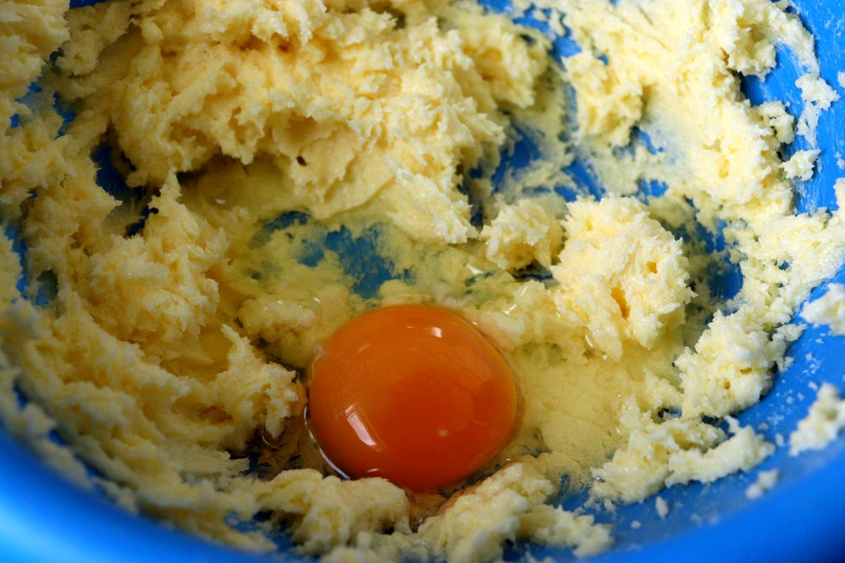 
Whole egg added to the butter mixed with sugar