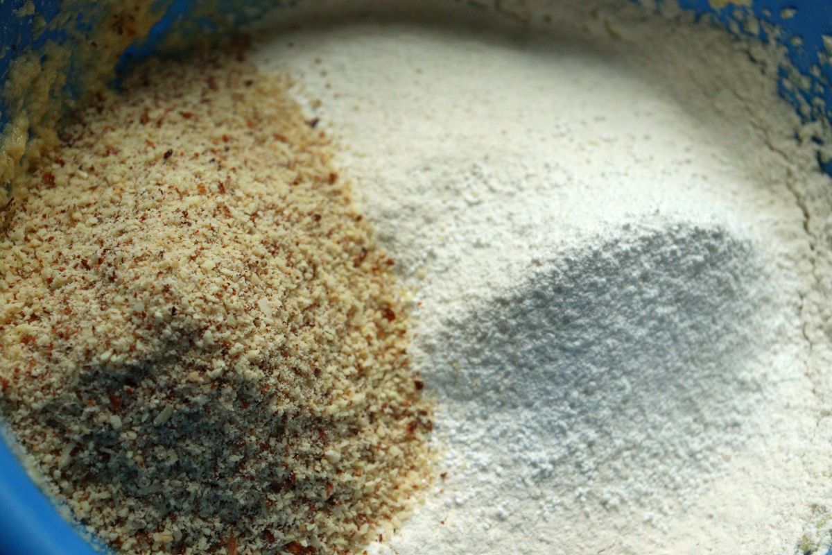 Ground nuts and flour added to the batter