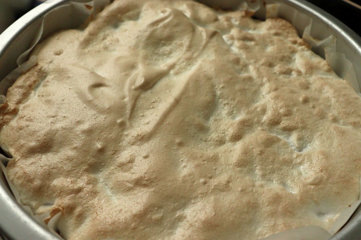 Freshly baked rhubarb cake with meringue topping 