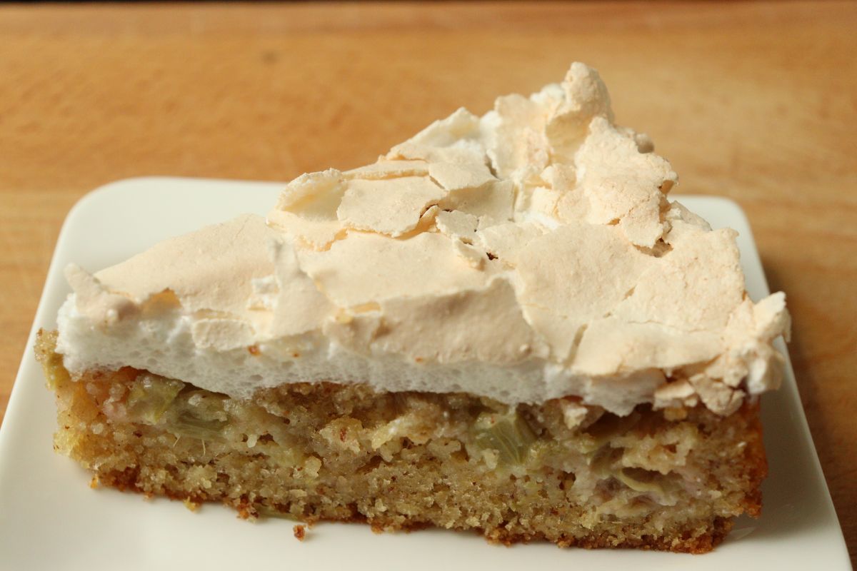 A piece of Best German Rhubarb Cake Eifel Style on a plate