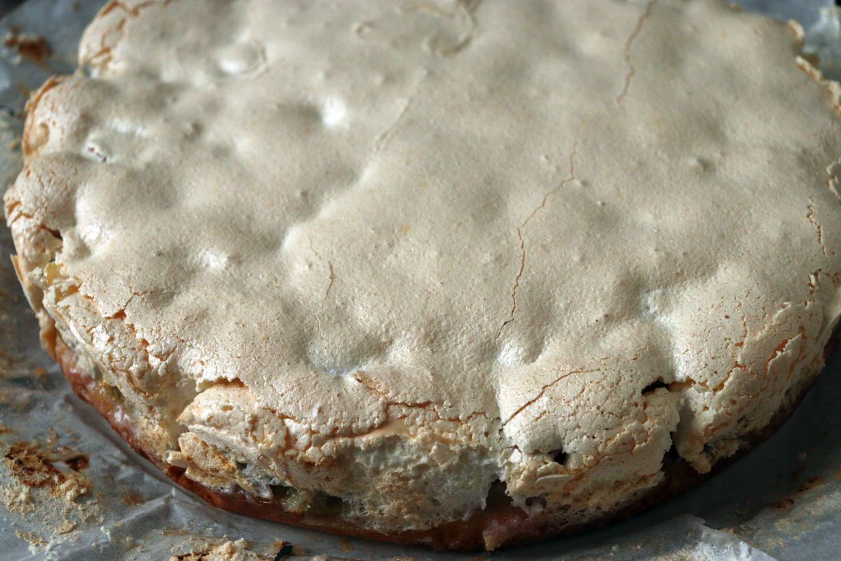 Baked Rhubarb Cake with sour cream or yogurt and Meringue, fresh from the oven