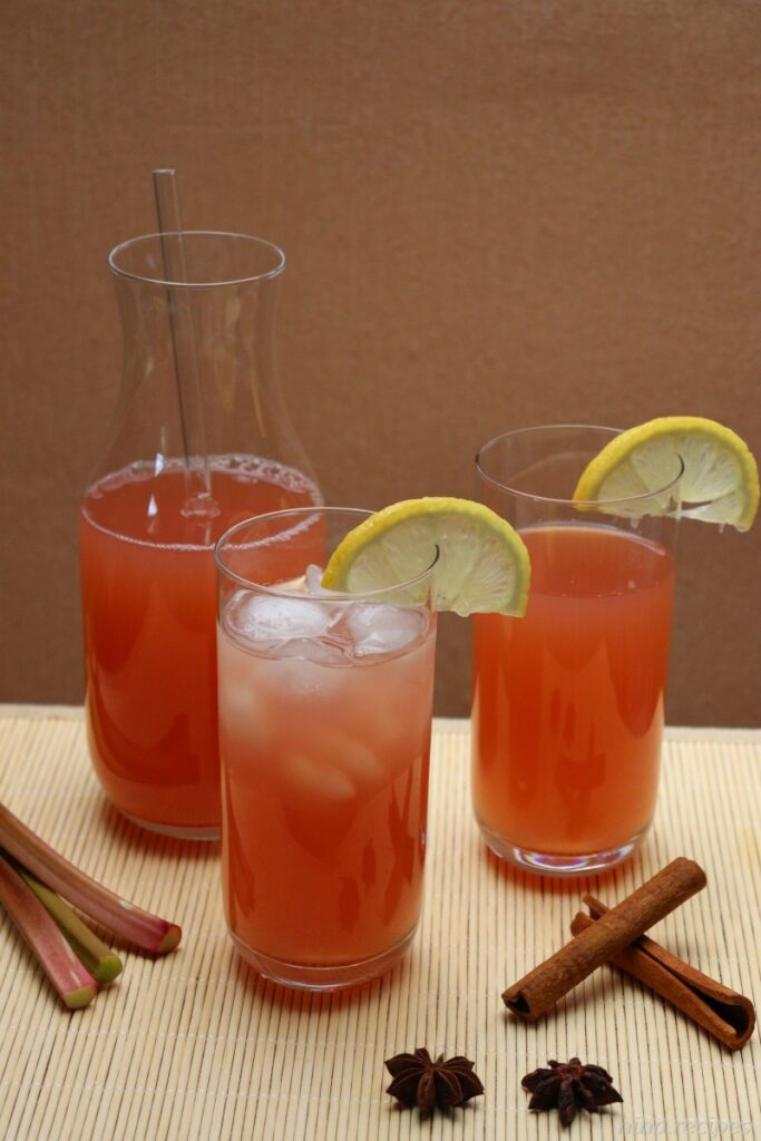 Rhubarb Lemonade made from leftover pieces and peel, lemon and spices