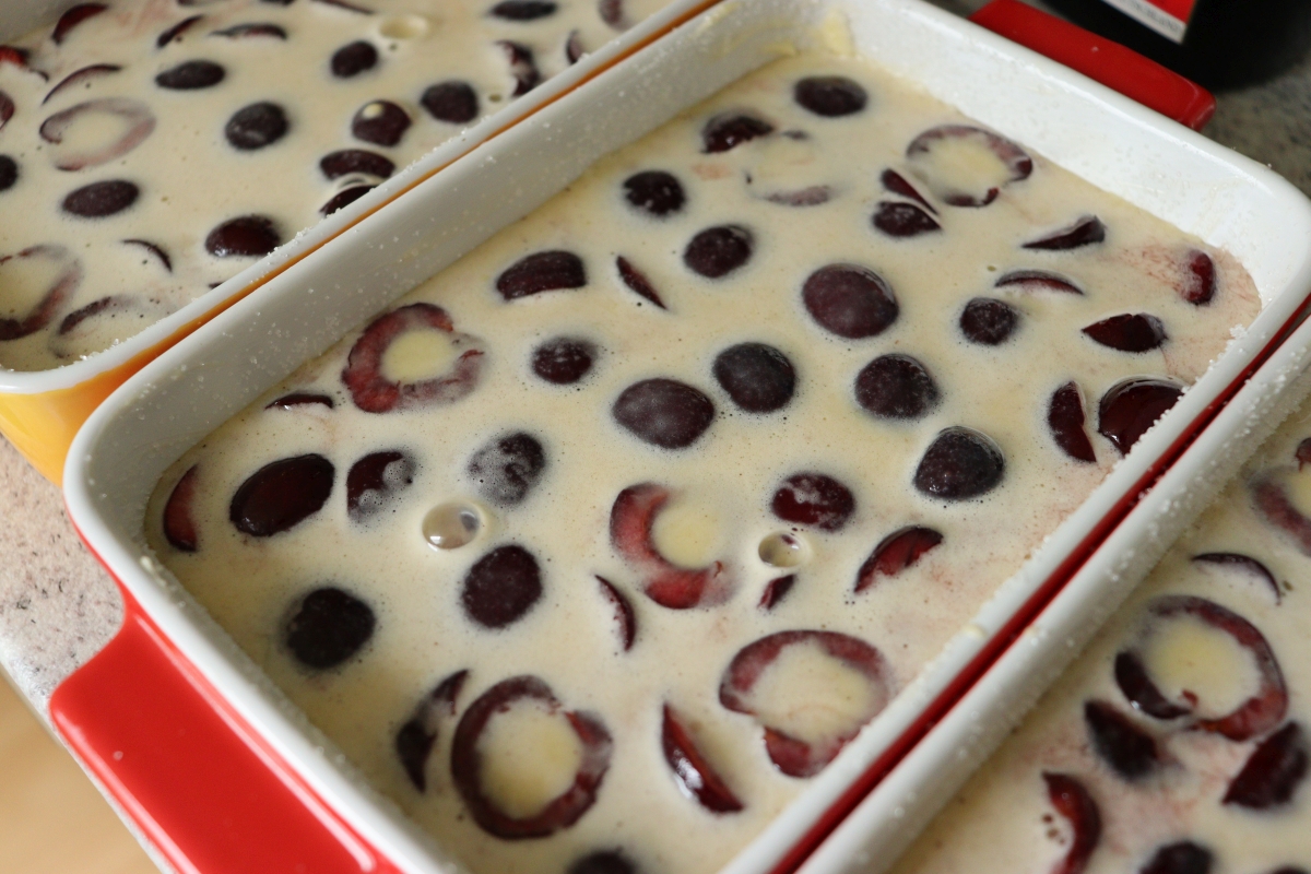 Black cherries in a buttered and sugared pan, covered with batter, for cherry clafoutis