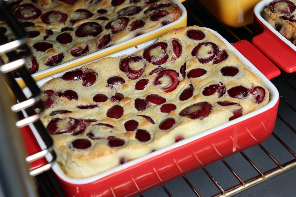 Freshly baked cherry clafoutis in the oven