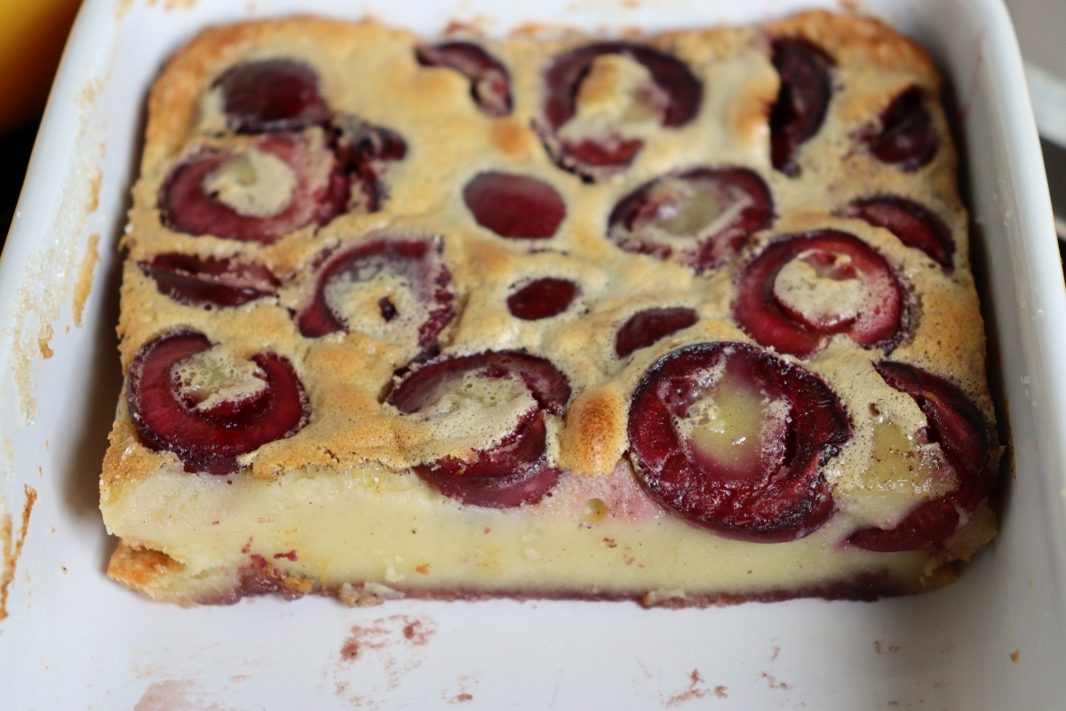 Section of cherry clafoutis dessert