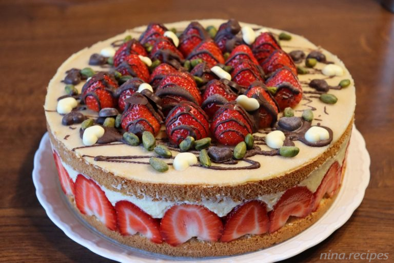 Nina Recipes: Fraisier cake (Fraisier Torte), french strawberry layered cake with a butter custard vanilla cream, many strawberries, a marzipan top and chocolate decor