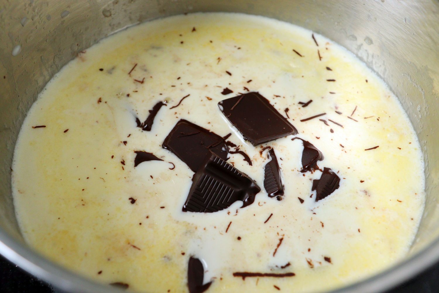 Nina Recipes - Chocolate Mousse (Mousse au chocolat): adding the chocolate pieces to the hot cream in the pot 