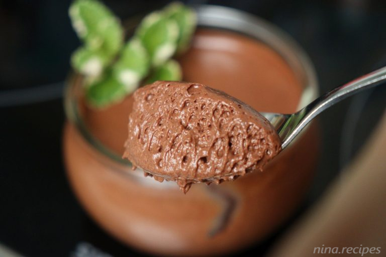 Nina Recipes - Chocolate Mousse (Mousse au chocolat): a spoonful of airy chocolate mousse served with fresh mint leaves