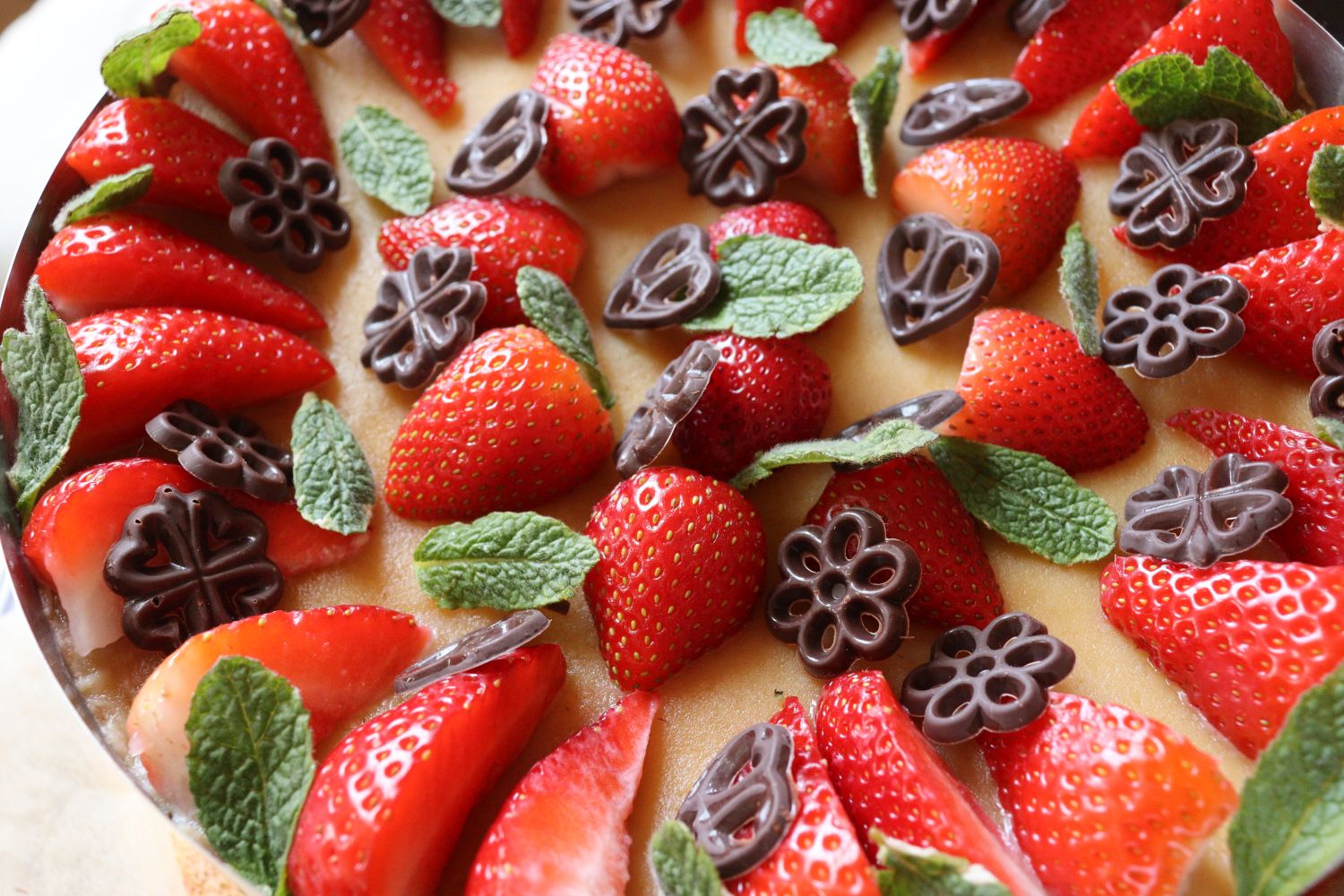 Nina Recipes: Fraisier cake with custard cream, strawberries, marzipan, chocolate and mint leaves
