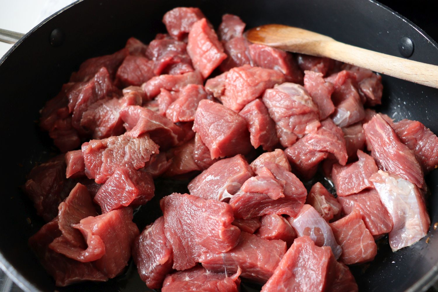 Roasting the veal (beef) in a pan for Hungarian Goulash