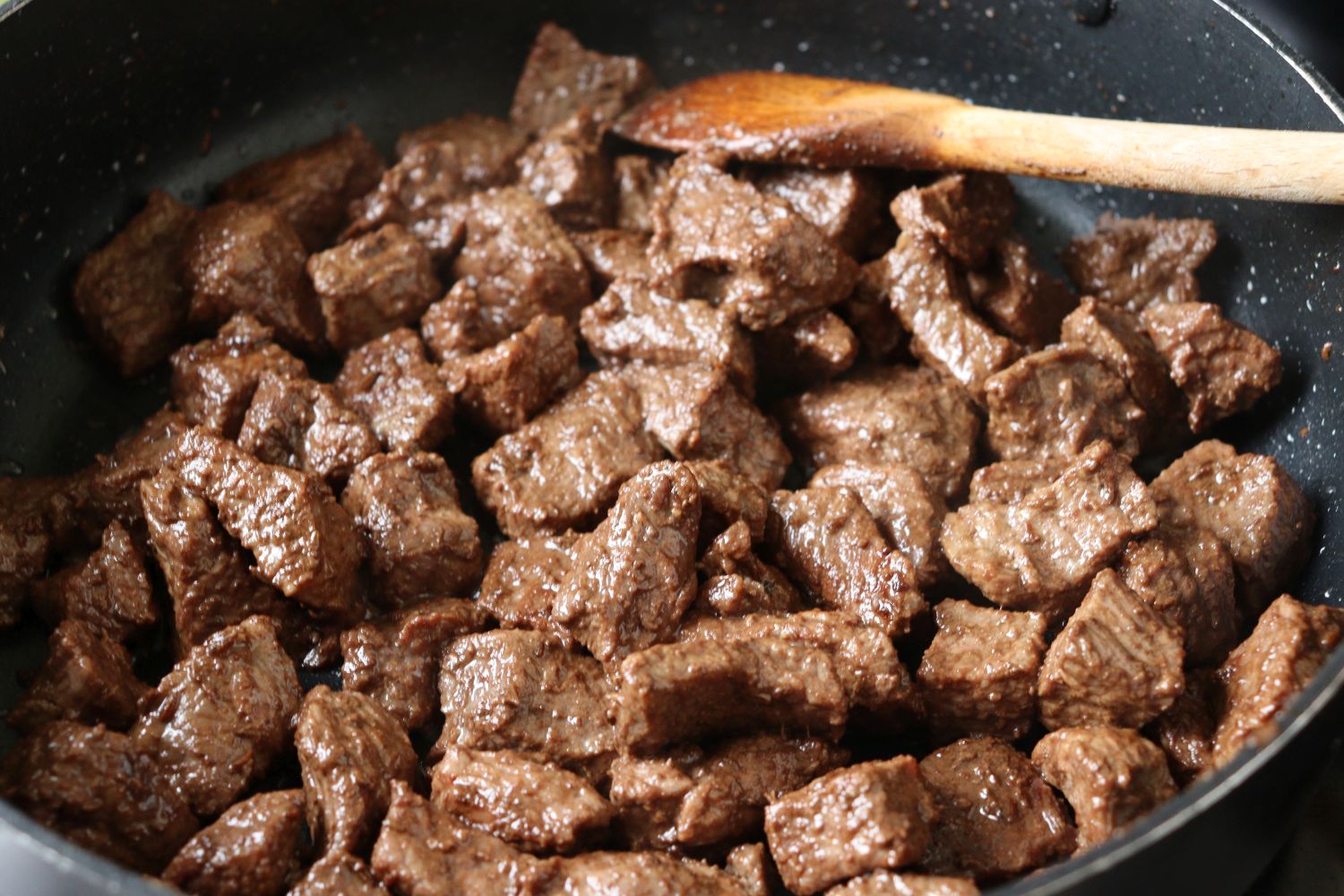 Browning the veal (beef) in a pan for Hungarian Goulash