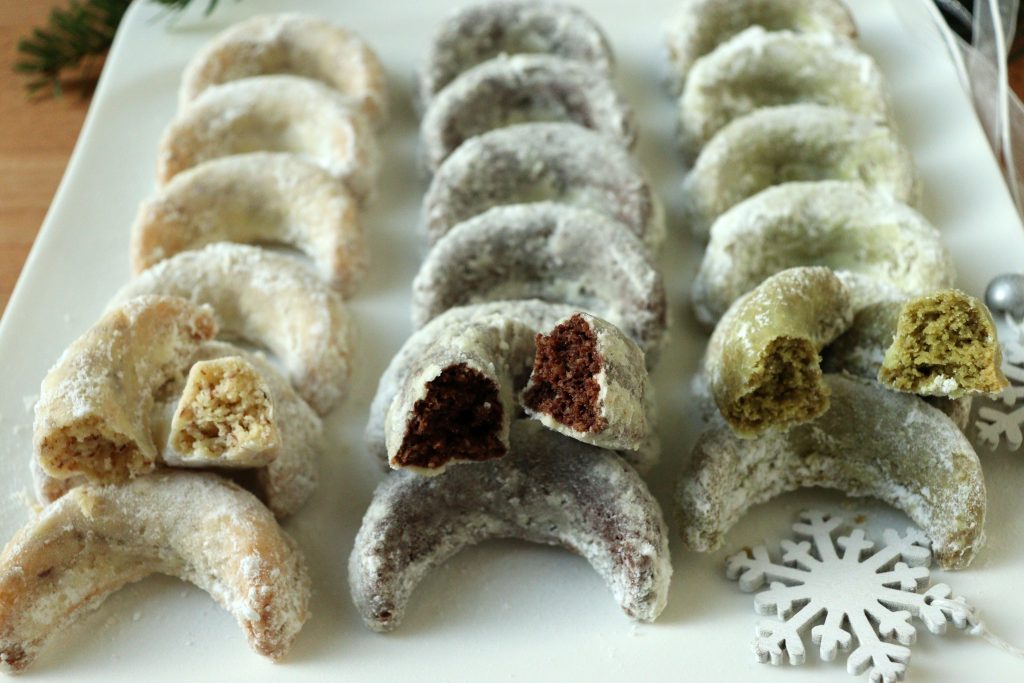 Nina Recipes - German Crescent Cookies: Vanilla, Chocolate and Matcha (Japanese Green Tea)