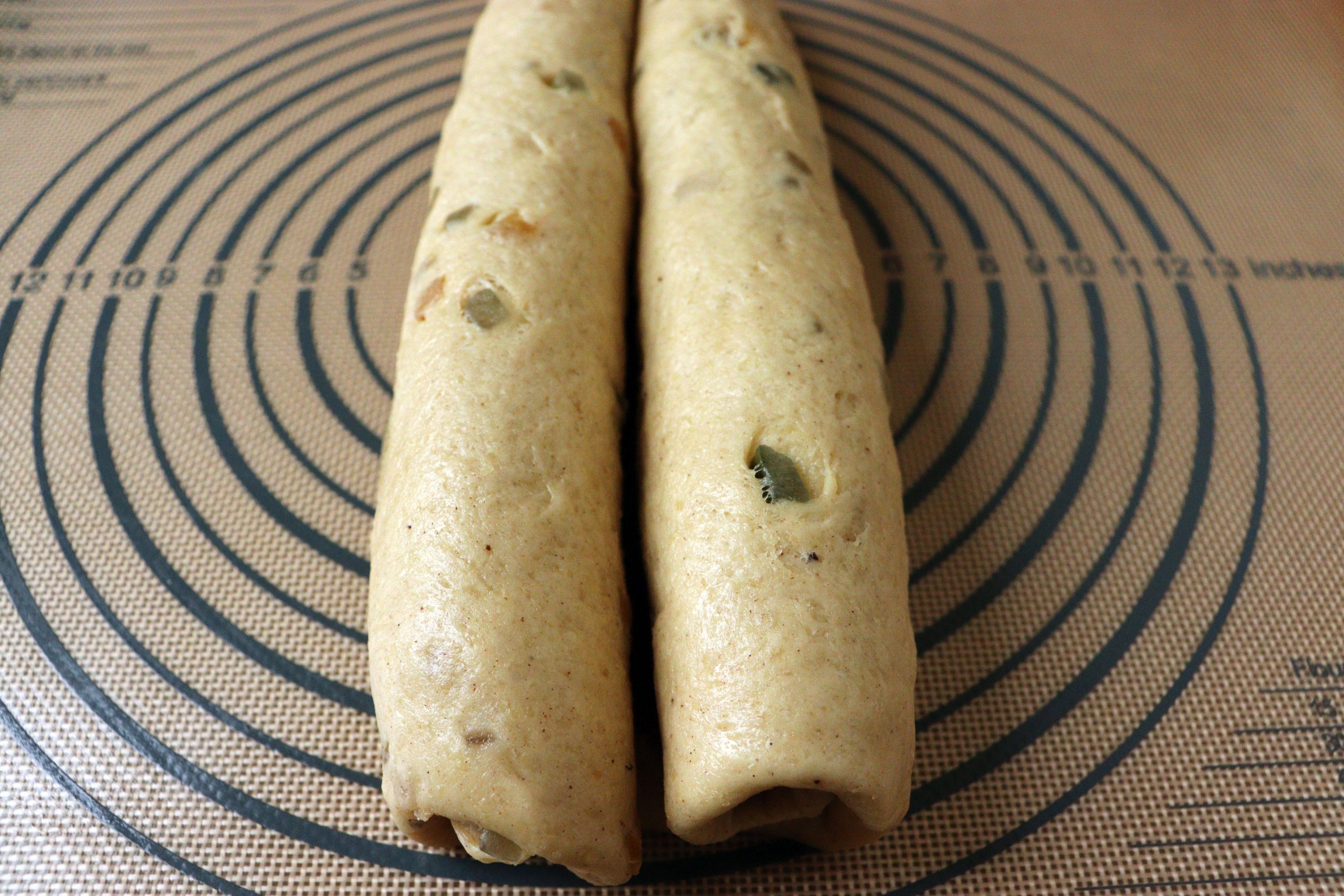 Nina Recipes: Nussstollen – German Original Nut Stollen Recipe - rolling the filled dough